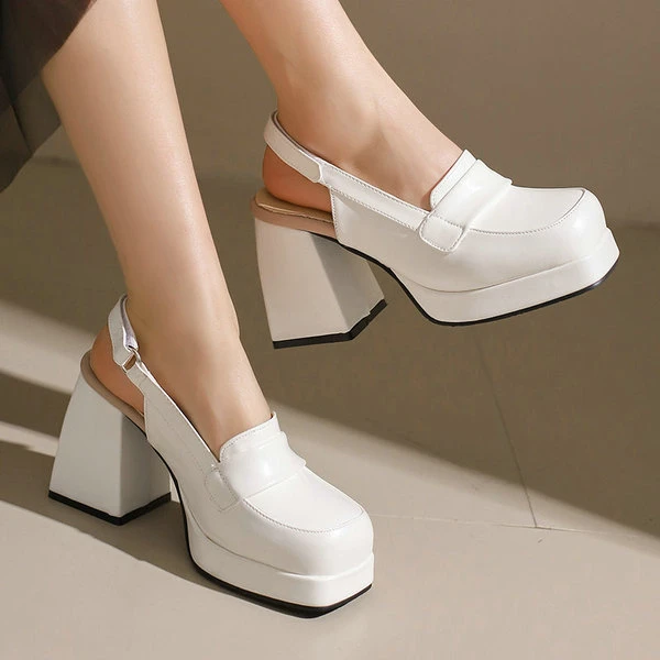 Women's Premium Black Platform Block Heel Slingback Pumps
