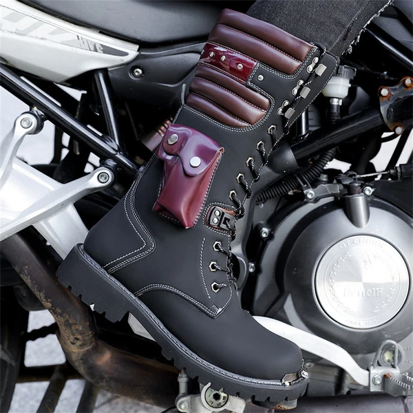 Tactical Leather Motorcycle Riding Boots with Utility Pocket