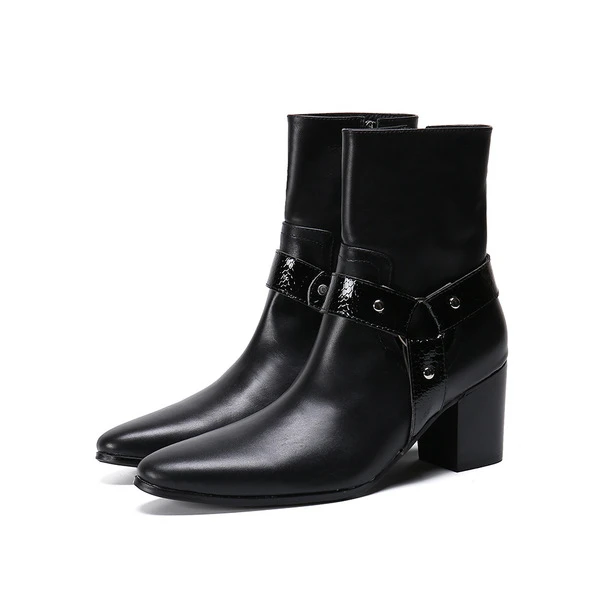 Men's Black Leather Block Heel Ankle Boots