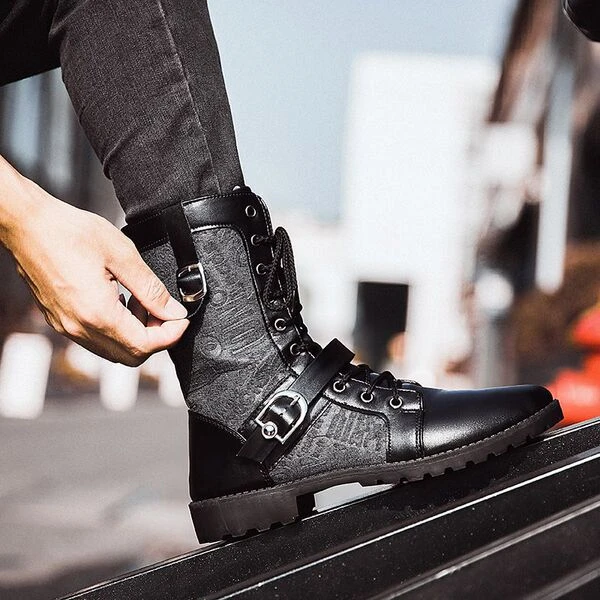 Men's Vintage Buckle Lace-Up Combat Boots