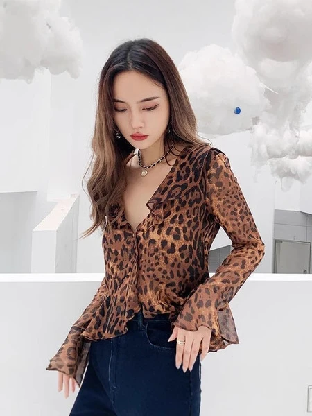 Women's Leopard Print V-Neck Peplum Blouse