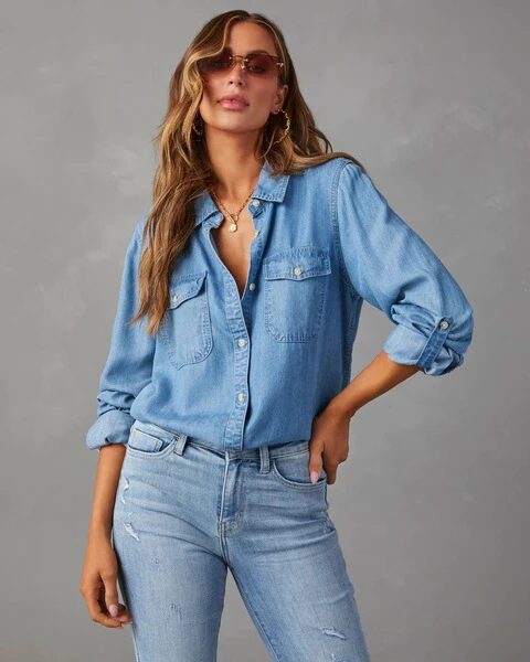 Women's Light Wash Denim Button-Up Shirt