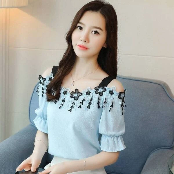 Women's Elegant Off-Shoulder Floral Lace Chiffon Top