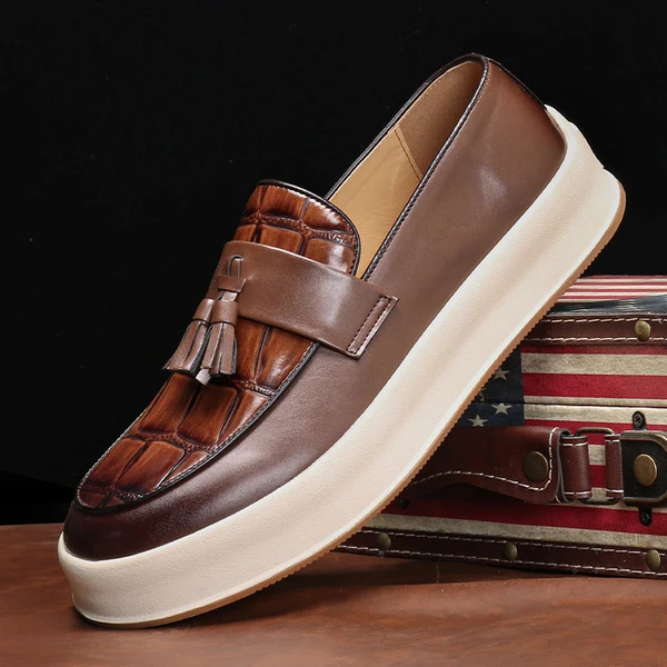 Men’s Croc-Texture Tassel Platform Loafer Slip-On Shoes