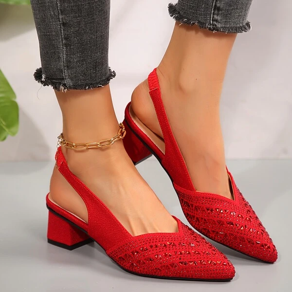 Women's Elegant Red Pointed Toe Slingback Block Heel Pumps