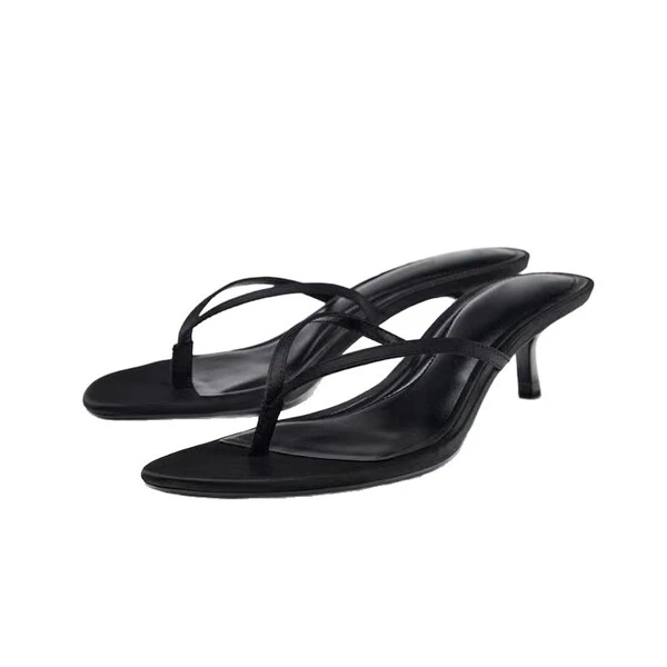 Women's Black Minimalist Strappy Kitten Heel Sandals