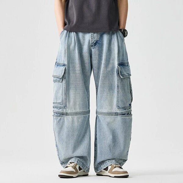 Men's Light Wash Wide-Leg Cargo Denim Jeans
