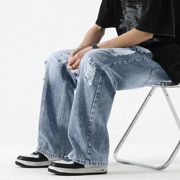 Men's Distressed Wide-Leg Washed Denim Jeans