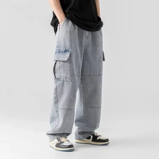 Men's Charcoal Wide-Leg Cargo Denim Jeans