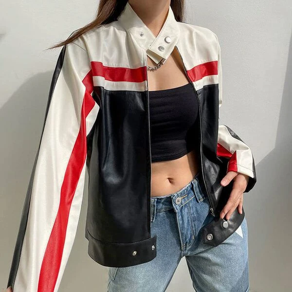 Women's Premium Color-Block Faux Leather Biker Jacket