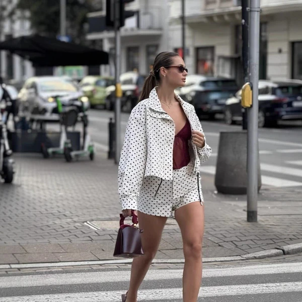 Women's Premium Polka Dot Quilted Jacket & Shorts Co-Ord Set