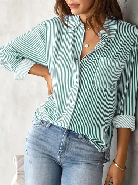 Women’s Premium Green & White Striped Casual Shirt