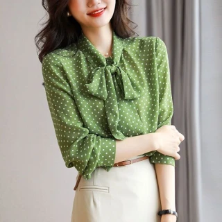 Women’s Elegant Polka Dot Bow Tie Neck Tops