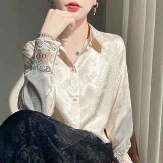 Women’s Premium Satin Floral Jacquard Button-Down Shirt