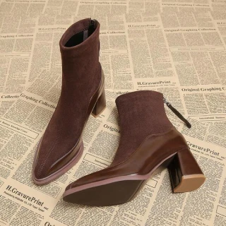 Women’s Brown Suede & Leather Ankle Boots with Block Heel