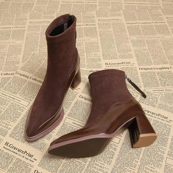 Women’s Brown Suede & Leather Ankle Boots with Block Heel