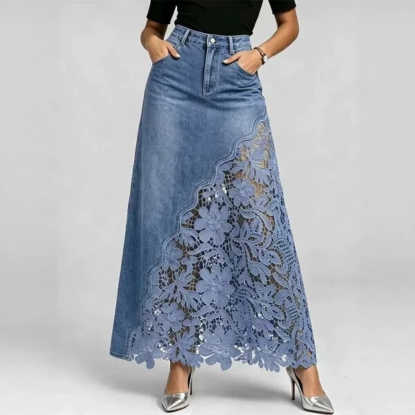 Women’s Premium Denim Lace Maxi Skirt