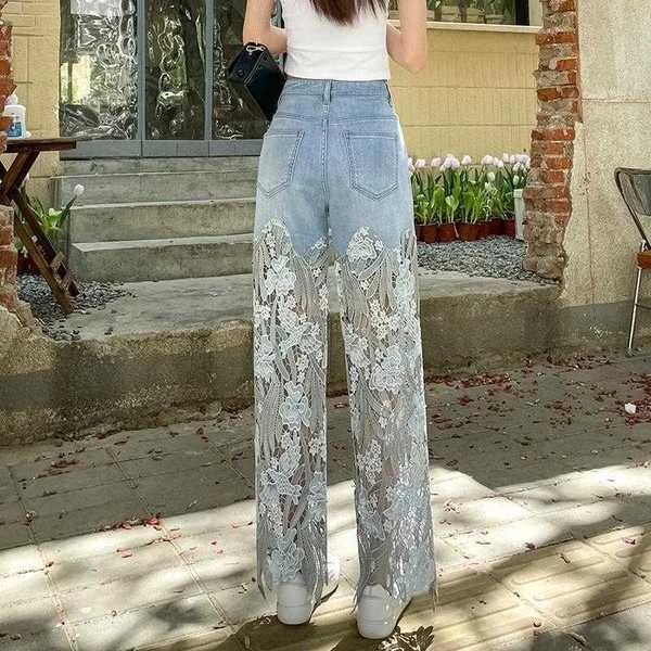 Women’s High-Waist Wide-Leg Jeans with Floral Lace Panel Detailing
