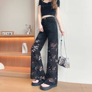 Women’s Black High-Waist Wide-Leg Jeans with Floral Lace Panel