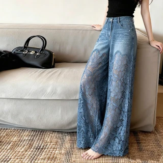 Women’s High-Waist Wide-Leg Denim Jeans with Floral Lace Overlay