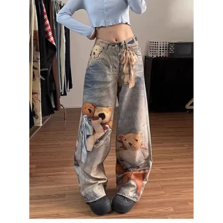 Cute Bear Print Wide-Leg Denim Jeans