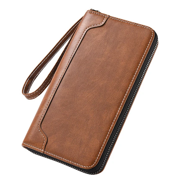 imported Men's Vintage Leather Long Zip-Around Wallet & Clutch