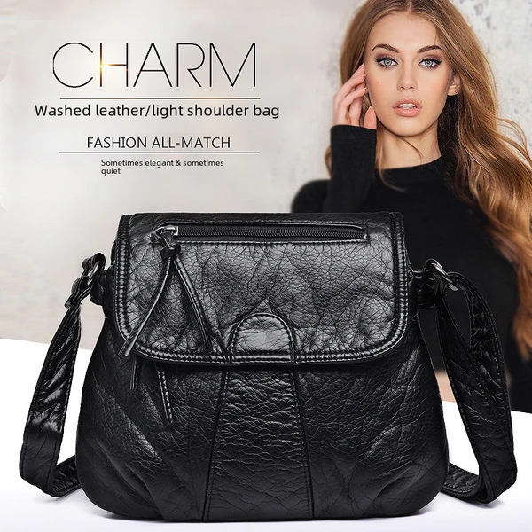 Black Genuine Leather Flap-Top Crossbody
