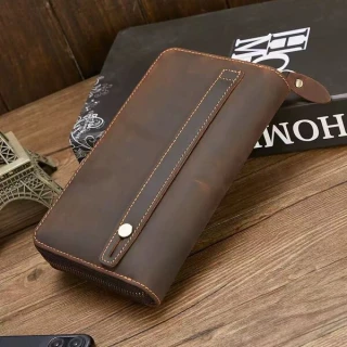 Imported Vintage Crazy Horse Leather Long Zipper Wallet Clutch