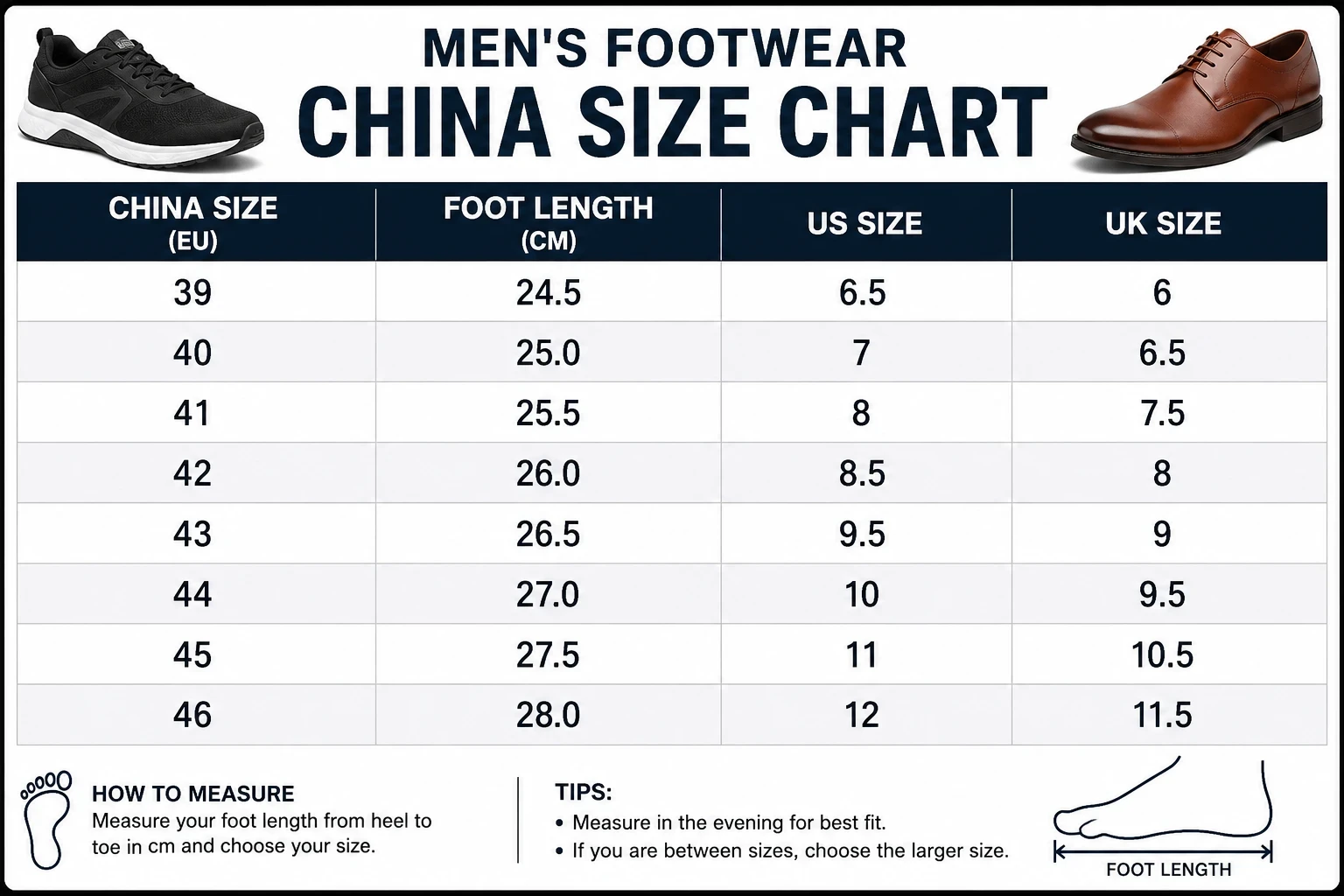 Size chart for Men's Classic White Casual Sneakers