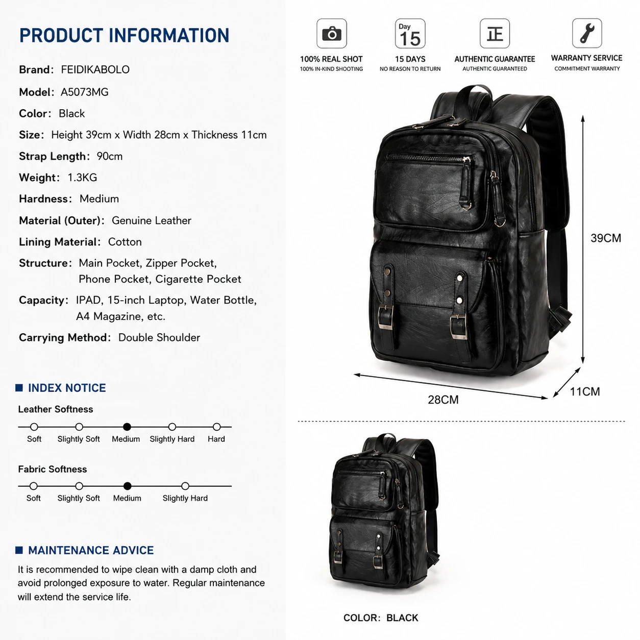 Size chart for Premium PU Leather Business Laptop Backpack