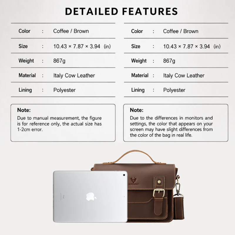 Size chart for Premium Genuine Leather Business Briefcase Laptop Messenger Bag