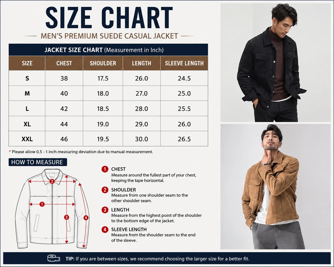 Size chart for Men’s Premium Suede Casual Jacket