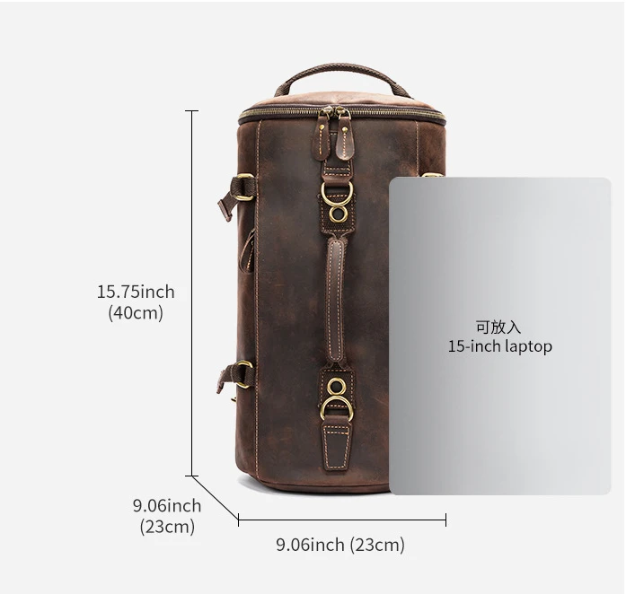 Size chart for Premium Vintage Leather Convertible Backpack & Travel Bag