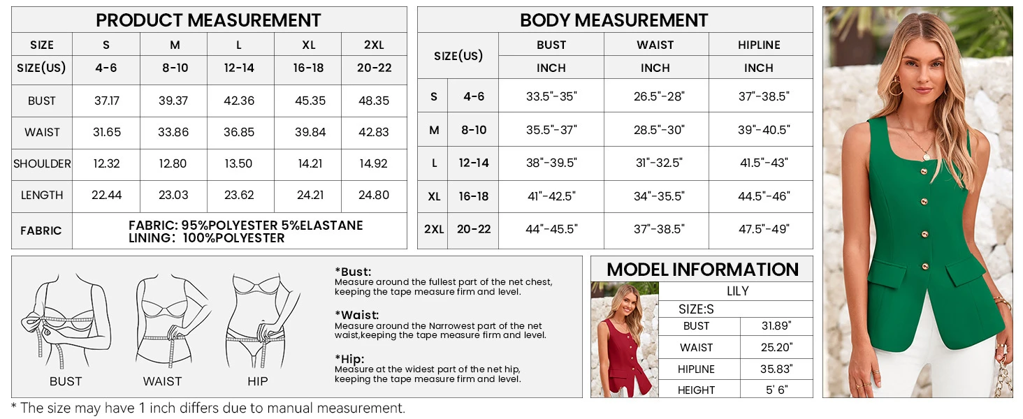 Size chart for Women’s Elegant Sleeveless Button-Front Pocket Vest Top