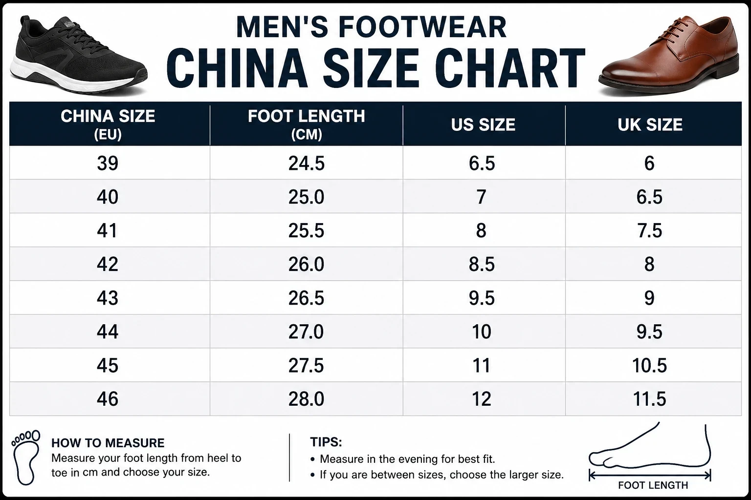 Size chart for Premium Lightweight Knit Running Shoes
