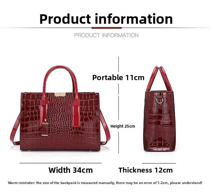 Size chart for Premium Crocodile Texture Leather Tote Handbag