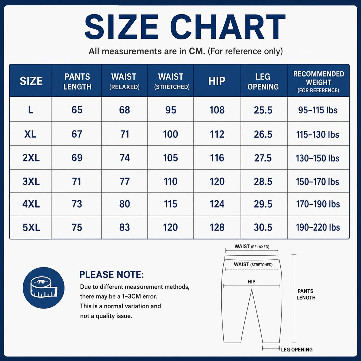 Size chart for Men's Quick-Dry Outdoor Cargo Shorts