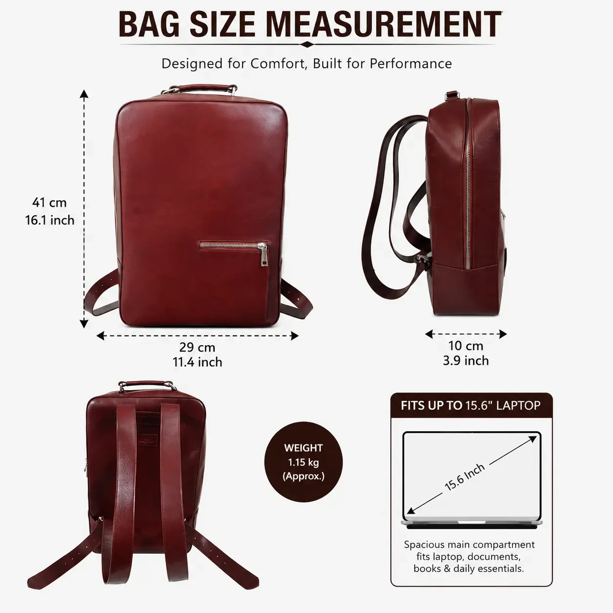 Size chart for Premium Genuine Leather Business Backpack