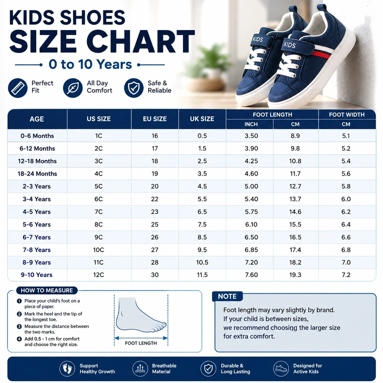 Size chart for Kids AirFlex Basketball Sneakers