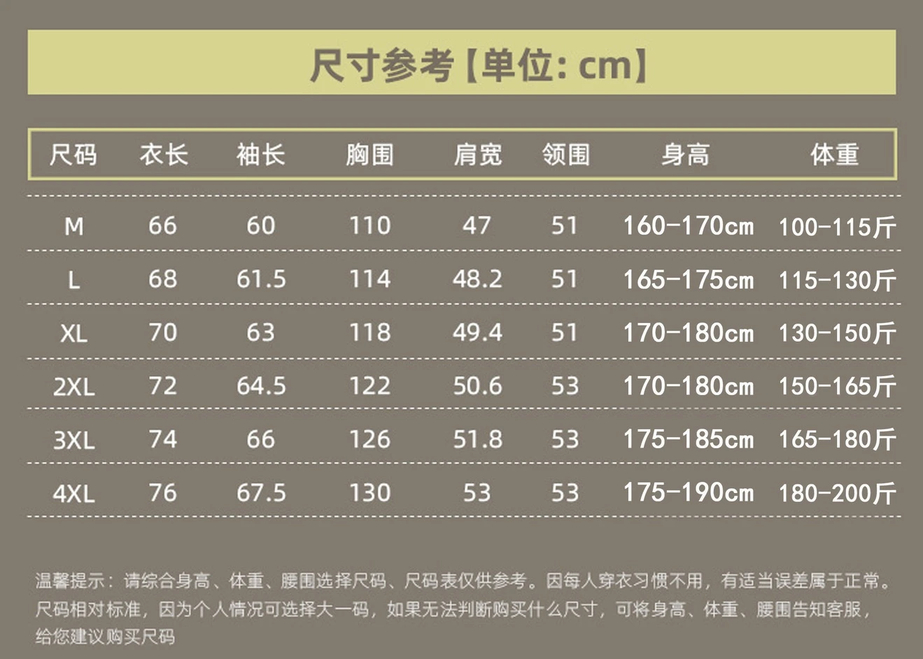 Size chart for Men’s Military-Style Casual Field Jacket