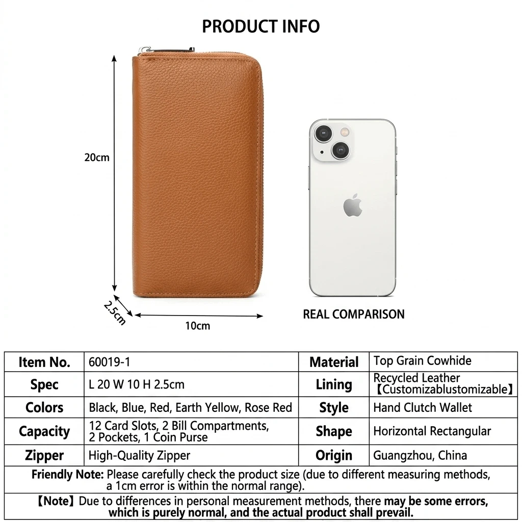 Size chart for Premium Multi-Compartment Zipper Long Wallet for Men & Women