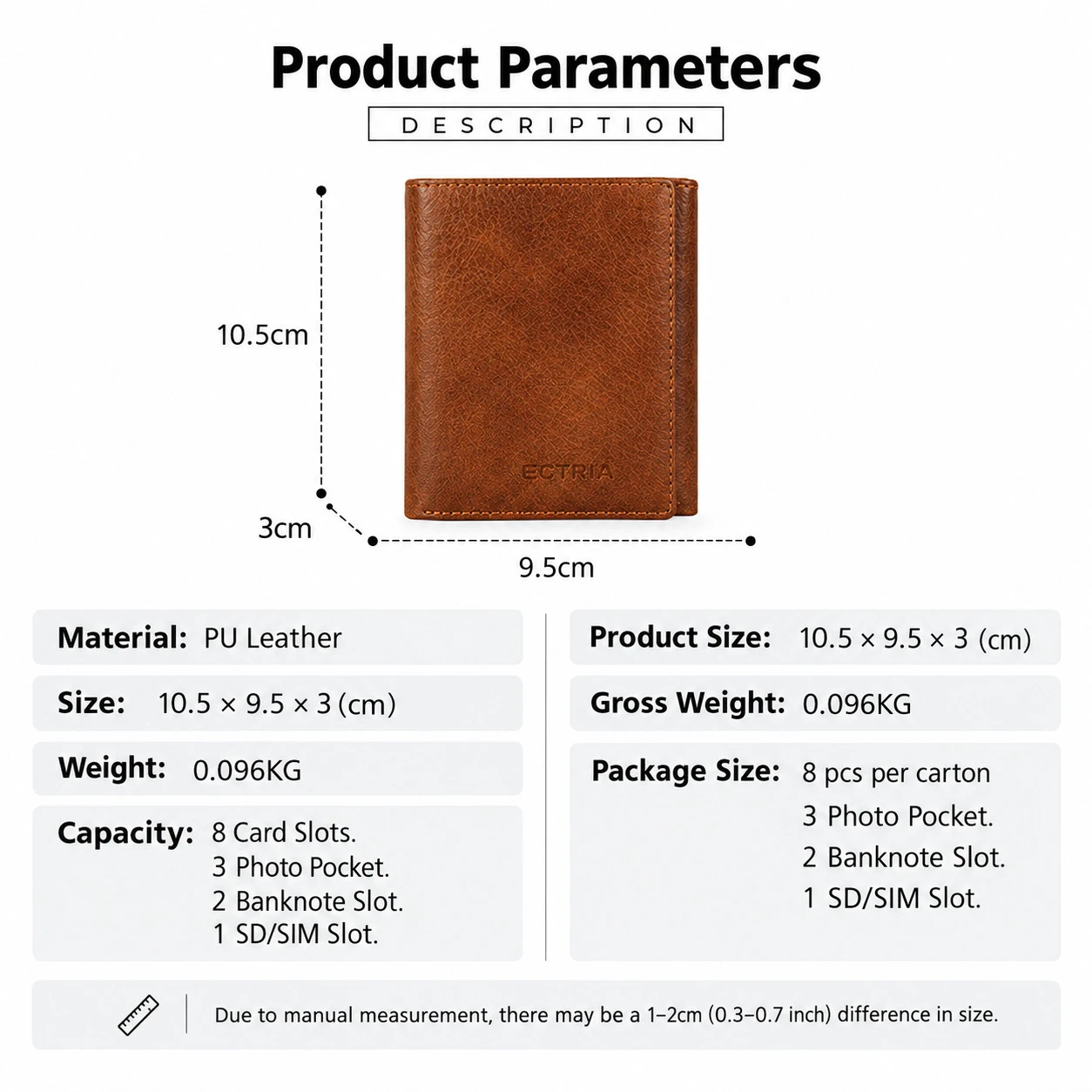 Size chart for Premium PU Leather Bi-Fold Wallet – Multi-Card & Cash Holder