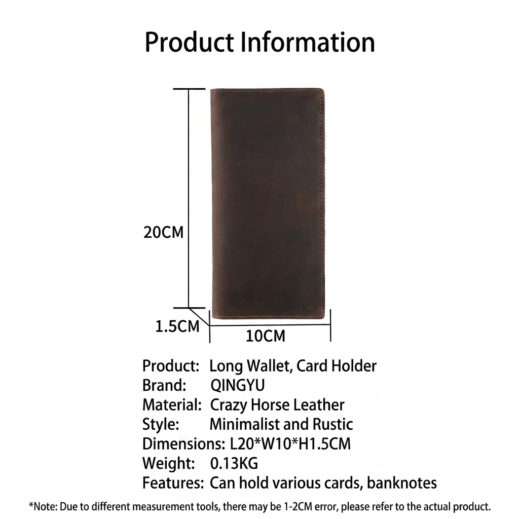 Size chart for QINGYU Vintage Crazy Horse Leather Long Wallet