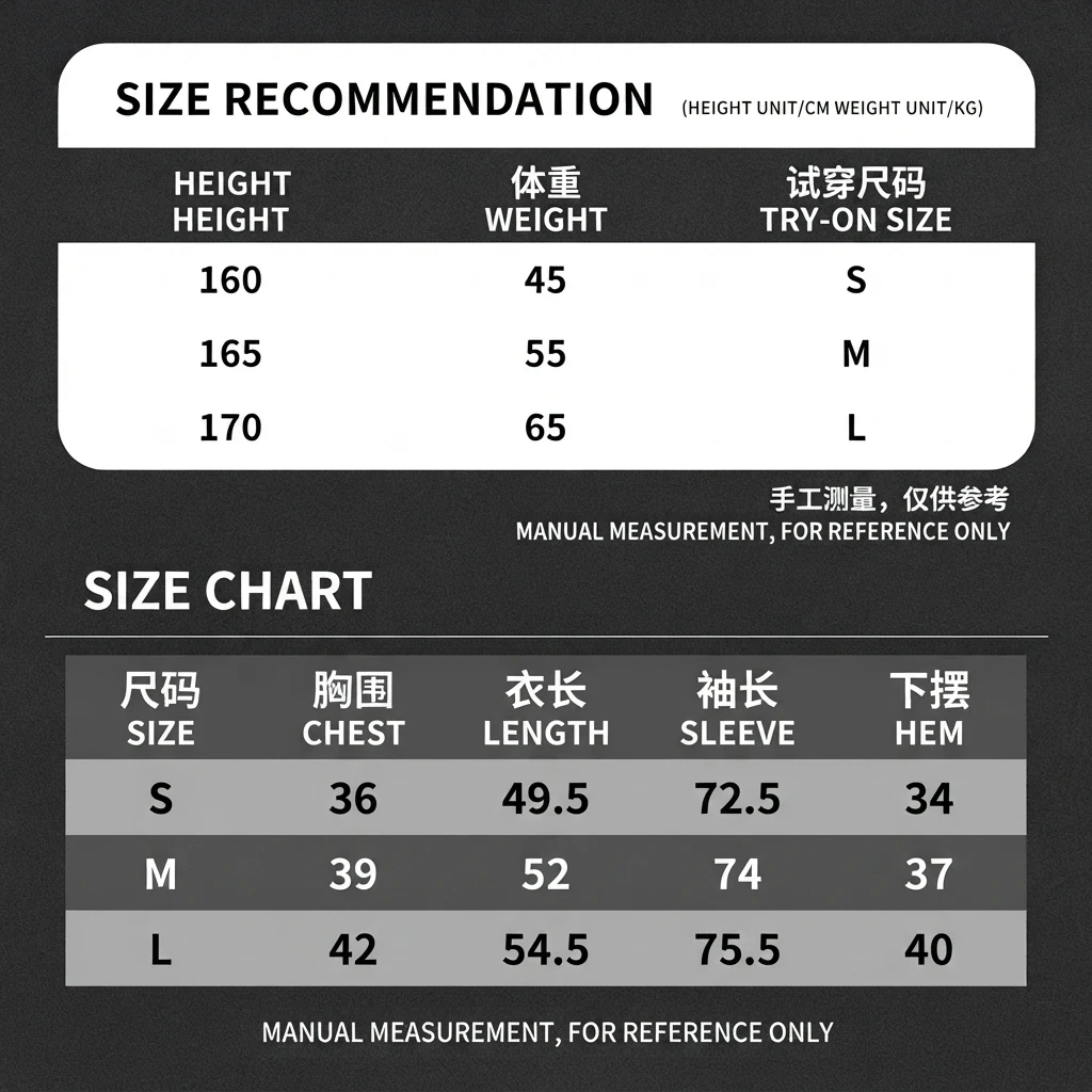 Size chart for Professional Motorcycle Riding Suit