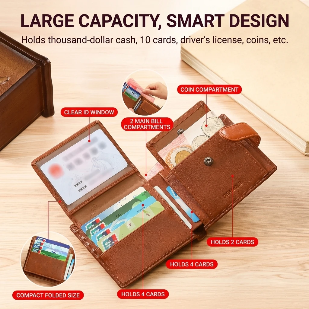 Size chart for GERUOLA Vintage Top-Grain Leather Bifold RFID Wallet
