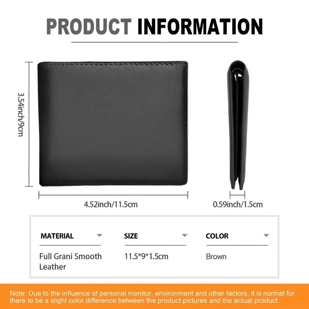 Size chart for LITONG Genuine Full Grain Leather Trifold/Bifold Men's Wallet