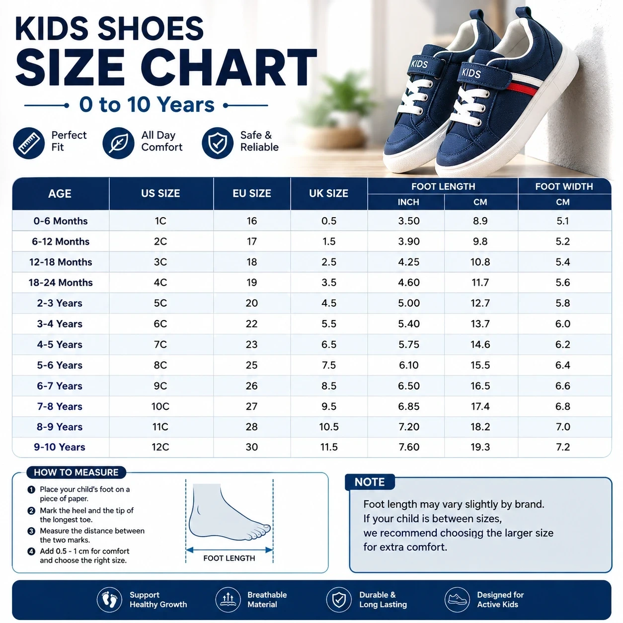 Size chart for Bobdog Kids’ Casual Sneakers