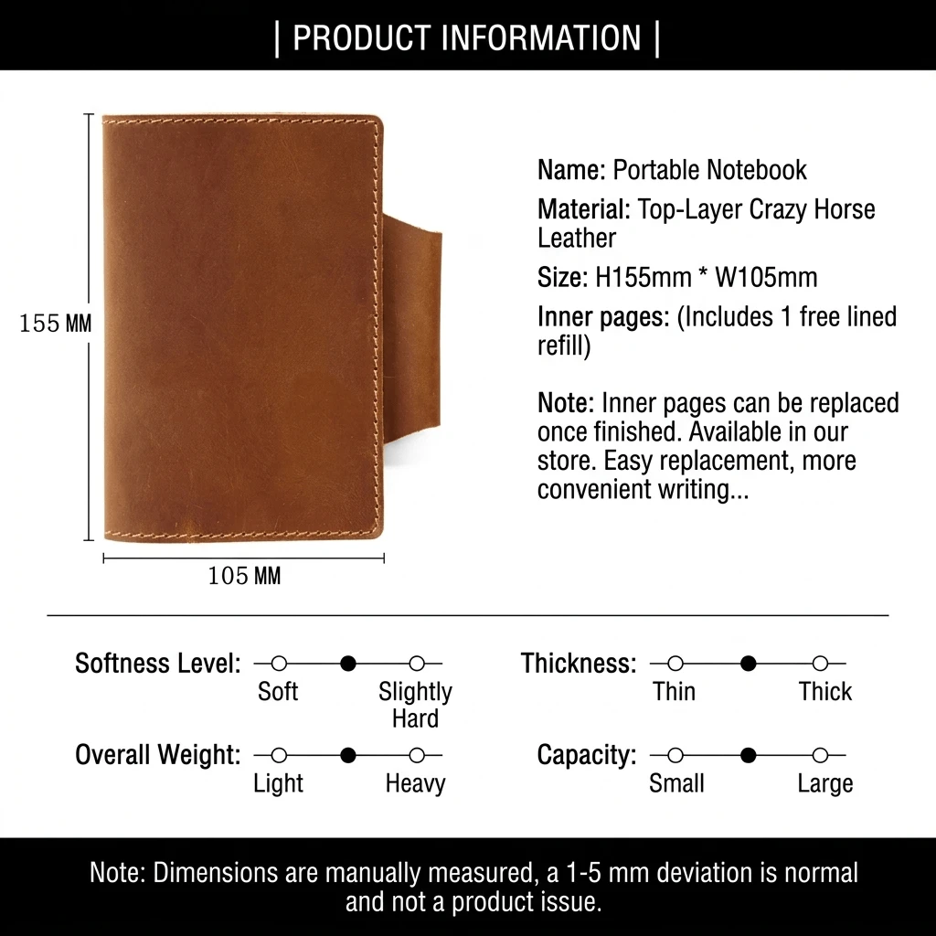 Size chart for Imported Handcrafted Crazy Horse Leather Pocket Notebook Cover & Organizer