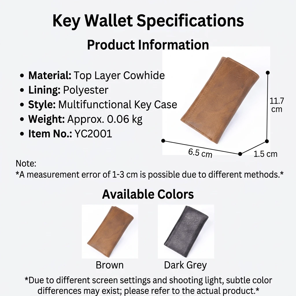 Size chart for Imported Genuine Leather Tri-Fold Key Holder Wallet & Card Case