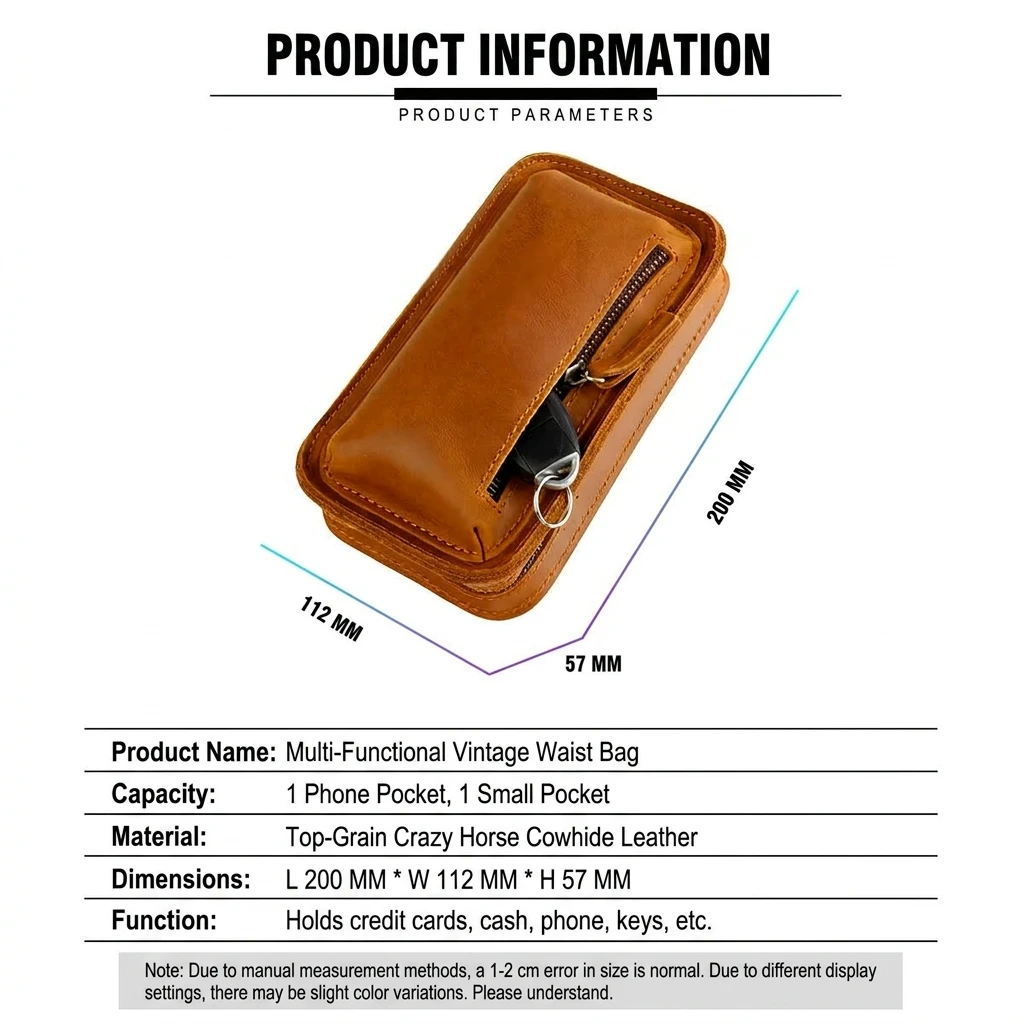 Size chart for Imported Multifunctional Crazy Horse Genuine Leather Smartphone Belt Bag & Crossbody Pouch